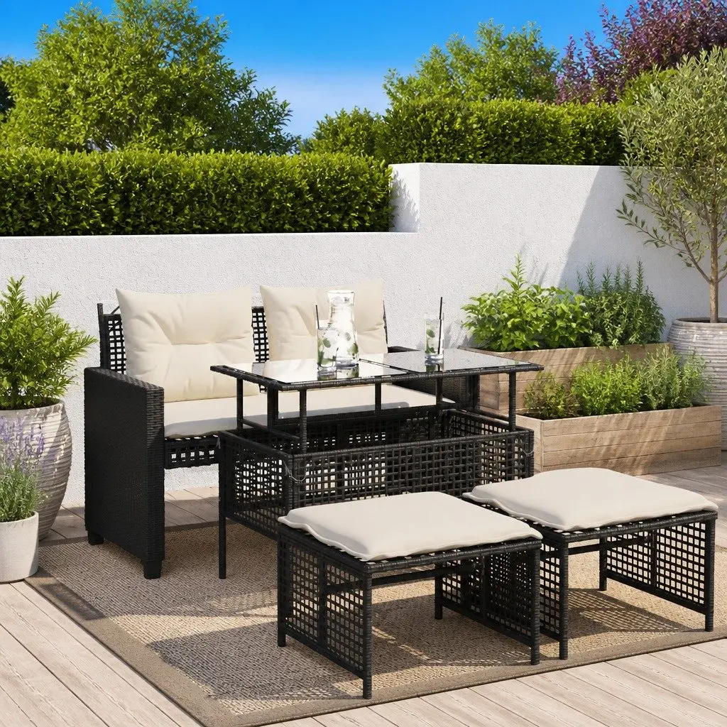4 Piece Outdoor Garden Sofa Set for Patio Black Poly Rattan Sectional with Glass Table