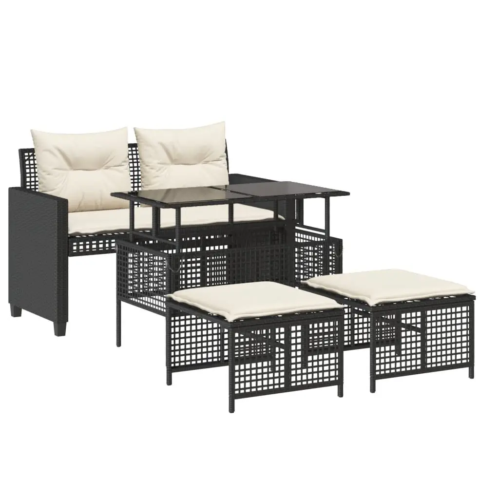 4 Piece Outdoor Garden Sofa Set for Patio Black Poly Rattan Sectional with Glass Table