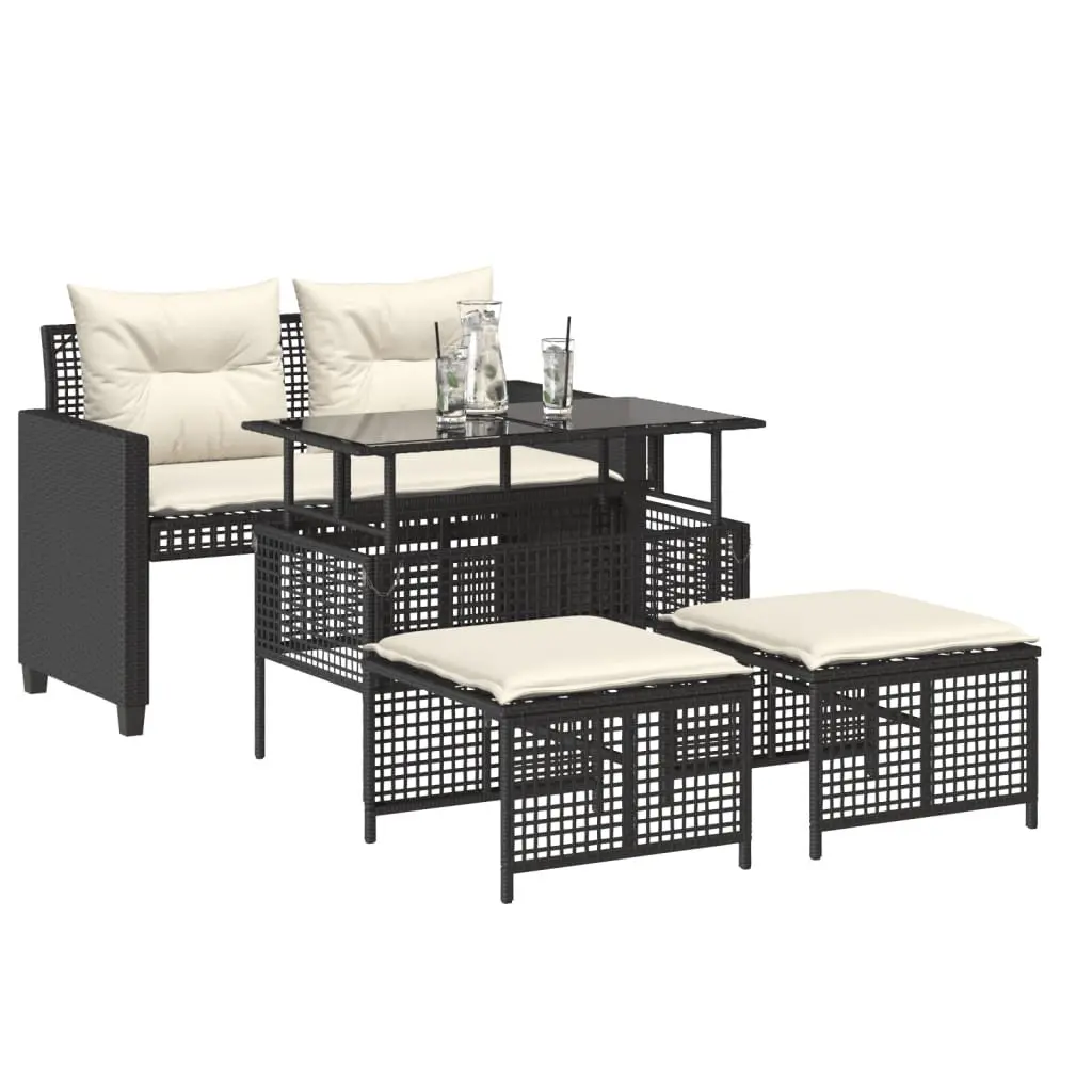 4 Piece Outdoor Garden Sofa Set for Patio Black Poly Rattan Sectional with Glass Table