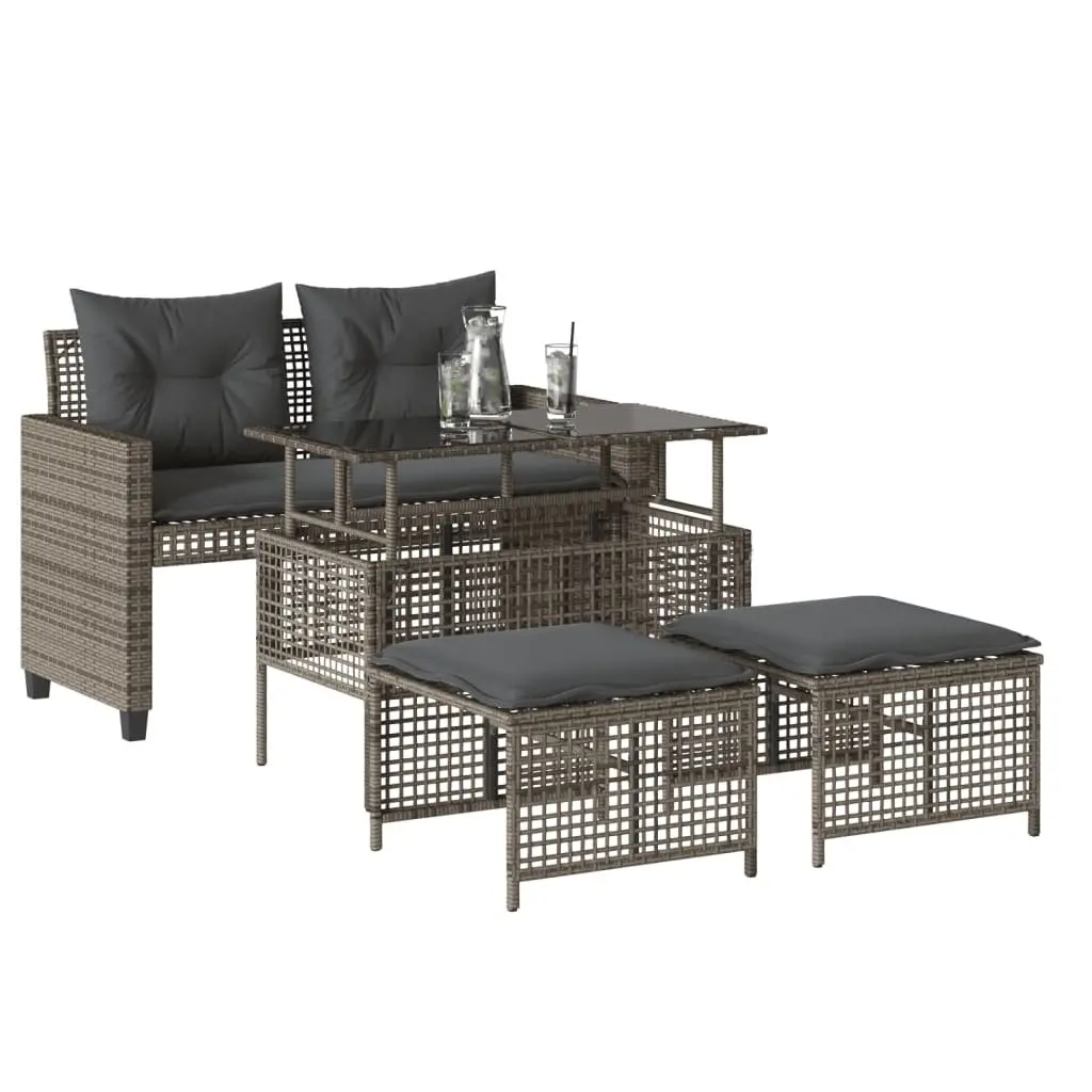 4 Piece Outdoor Garden Sofa Set for Patio Grey Poly Rattan with Glass Table