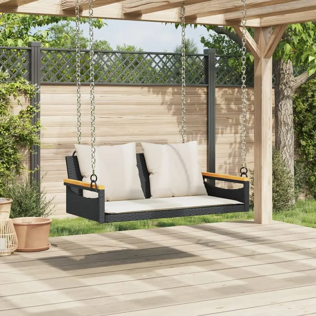 Outdoor Swing Bench with Cushions Black Poly Rattan Garden Hanging Seat