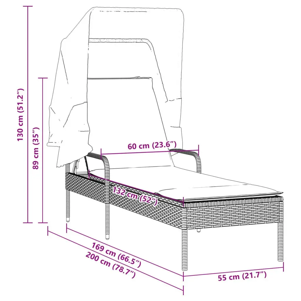 Sun Lounger with Retractable Canopy Adjustable Backrest Outdoor Reclining Chair