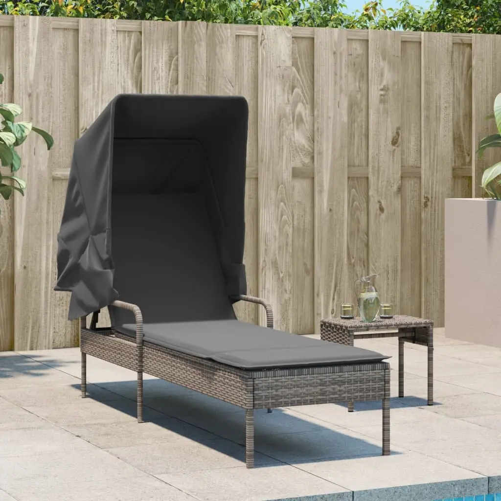 Sun Lounger with Retractable Canopy Adjustable Backrest Grey Outdoor Reclining