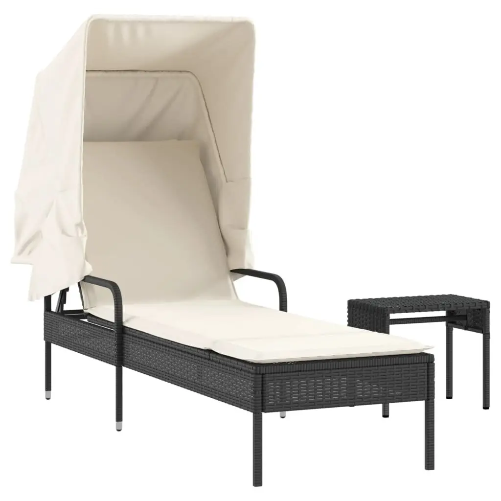Sun Lounger with Canopy and Tea Table Adjustable Backrest Outdoor Seating Black