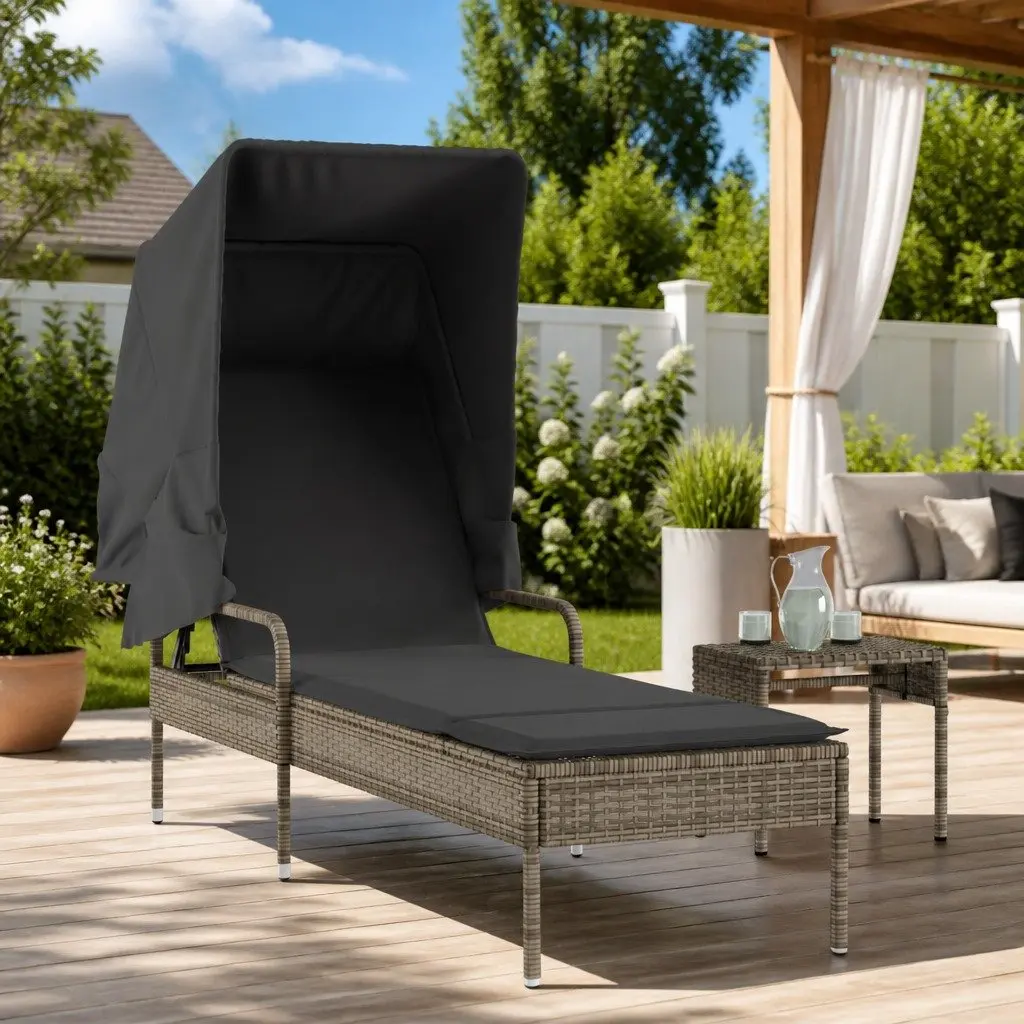 Grey Sun Lounger with Retractable Canopy and Tea Table