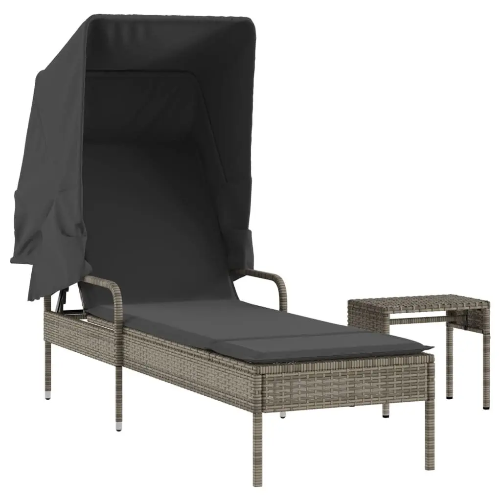 Grey Sun Lounger with Retractable Canopy and Tea Table