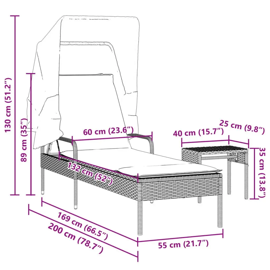 Grey Sun Lounger with Retractable Canopy and Tea Table