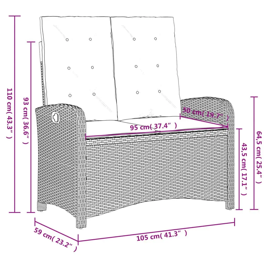 Reclining Garden Bench Adjustable Backrest Outdoor Seating Cushion Grey Poly