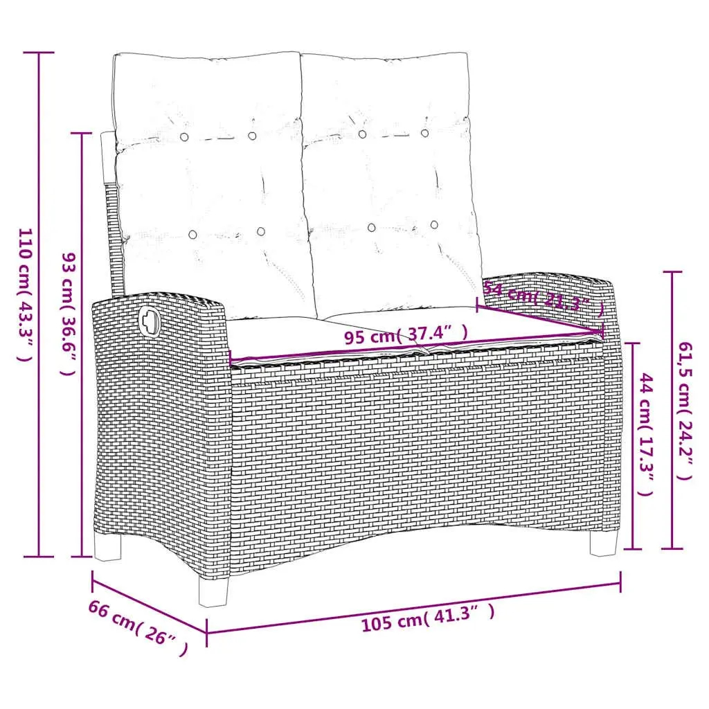 Reclining Garden Bench Outdoor Seating Adjustable Backrest with Cushions Black
