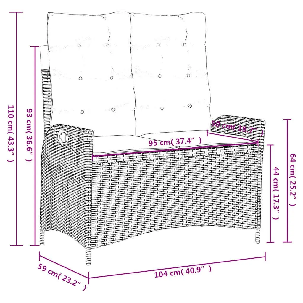 Reclining Garden Bench with Cushions Outdoor Seating Adjustable Backrest Black