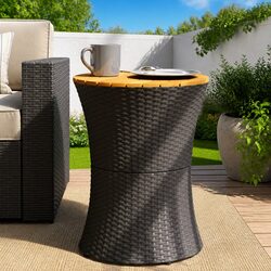 Garden Side Table Drum Shape Black Poly Rattan Acacia Wood Outdoor Furniture
