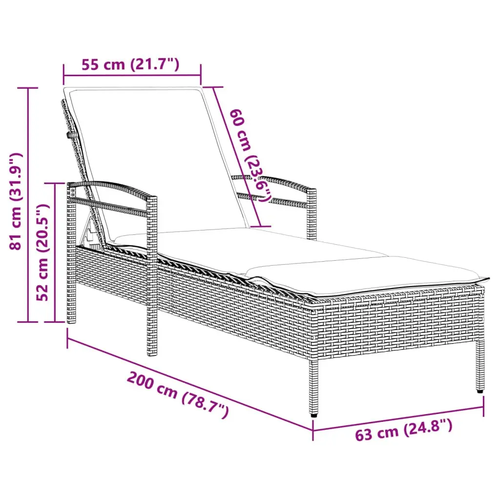 Sun Lounger Outdoor Use Adjustable Backrest Rattan Garden Lounge Chair 63 x 200 x 81 cm