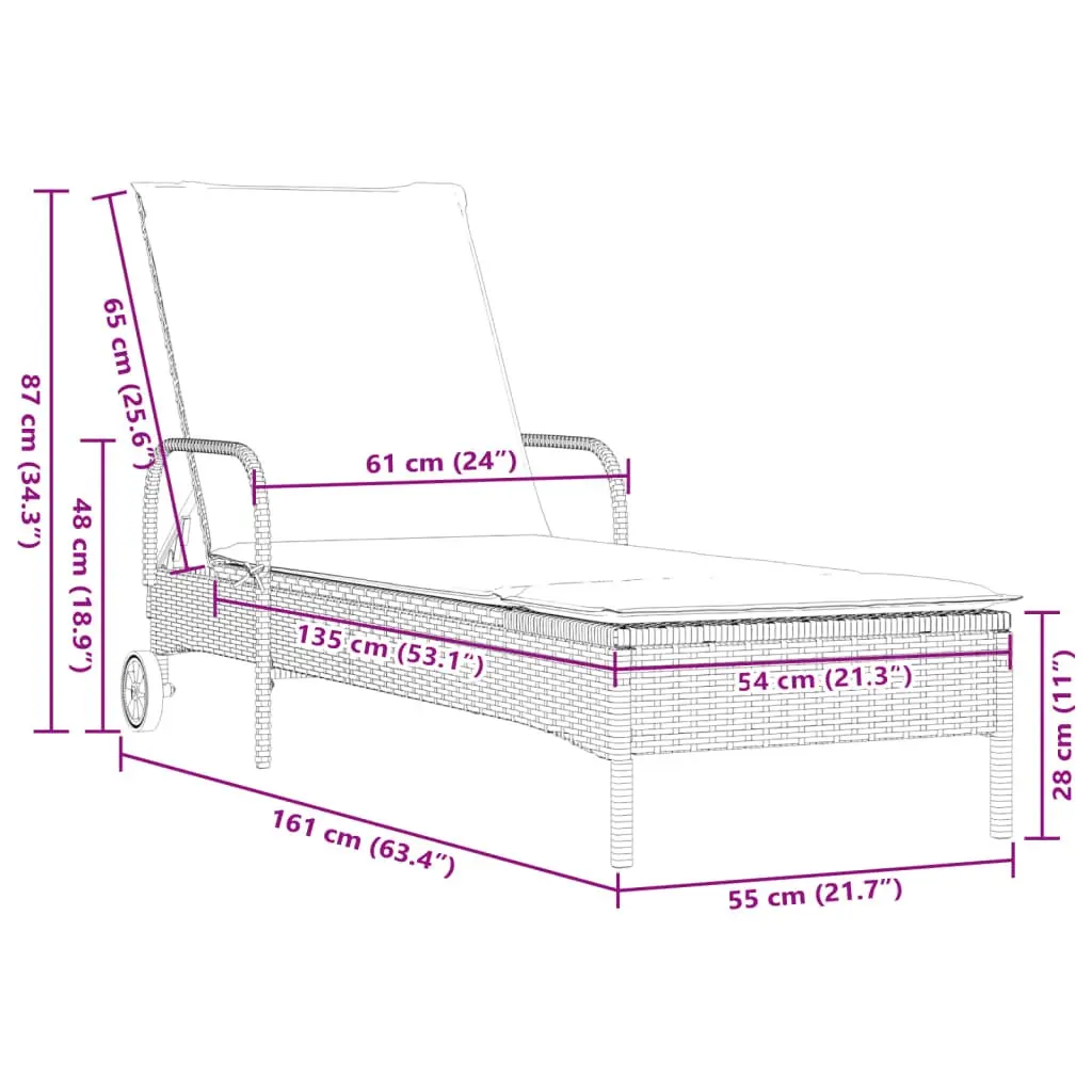 Sun Lounger with Wheels Adjustable Backrest Garden Outdoor Reclining Lounger