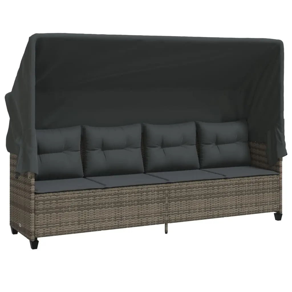 Sun Lounger with Retractable Canopy Cushions Grey Poly Rattan Outdoor Furniture
