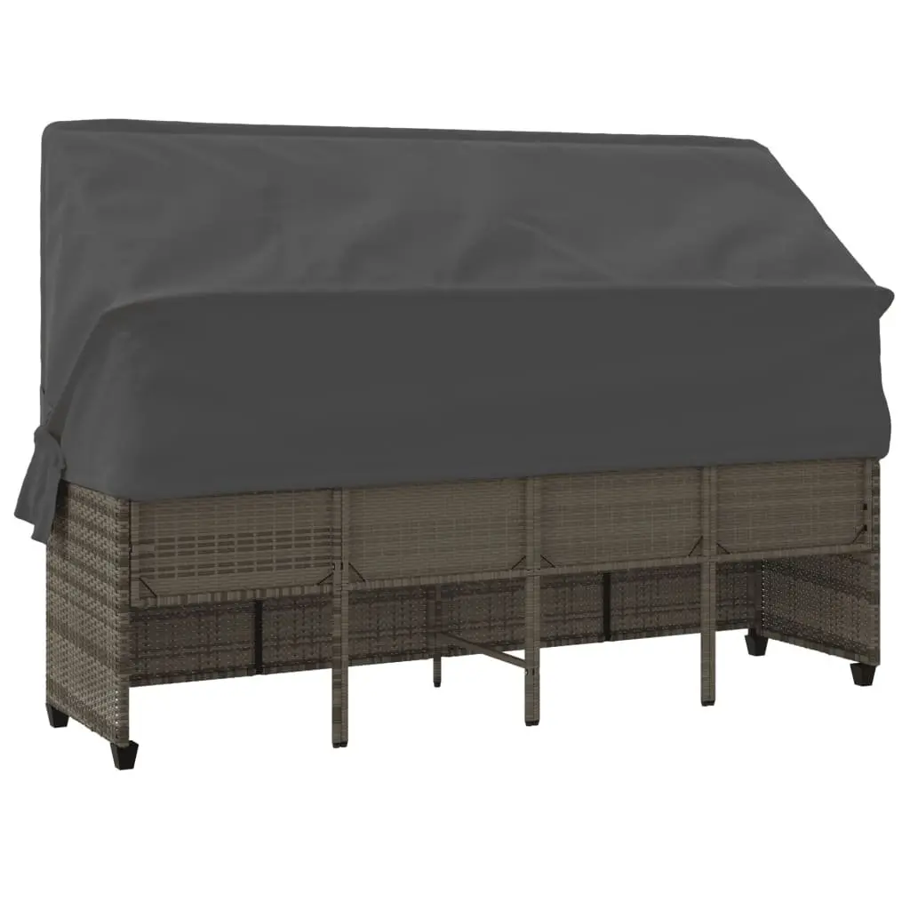 Sun Lounger with Retractable Canopy Cushions Grey Poly Rattan Outdoor Furniture
