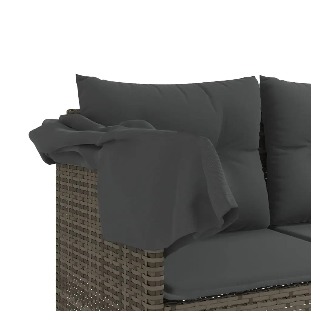 Sun Lounger with Retractable Canopy Cushions Grey Poly Rattan Outdoor Furniture