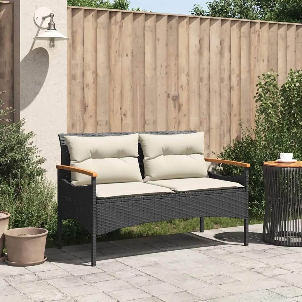 Garden Bench Outdoor Seating with Cushions Black PE Rattan 116 x 62.5 x 74 cm