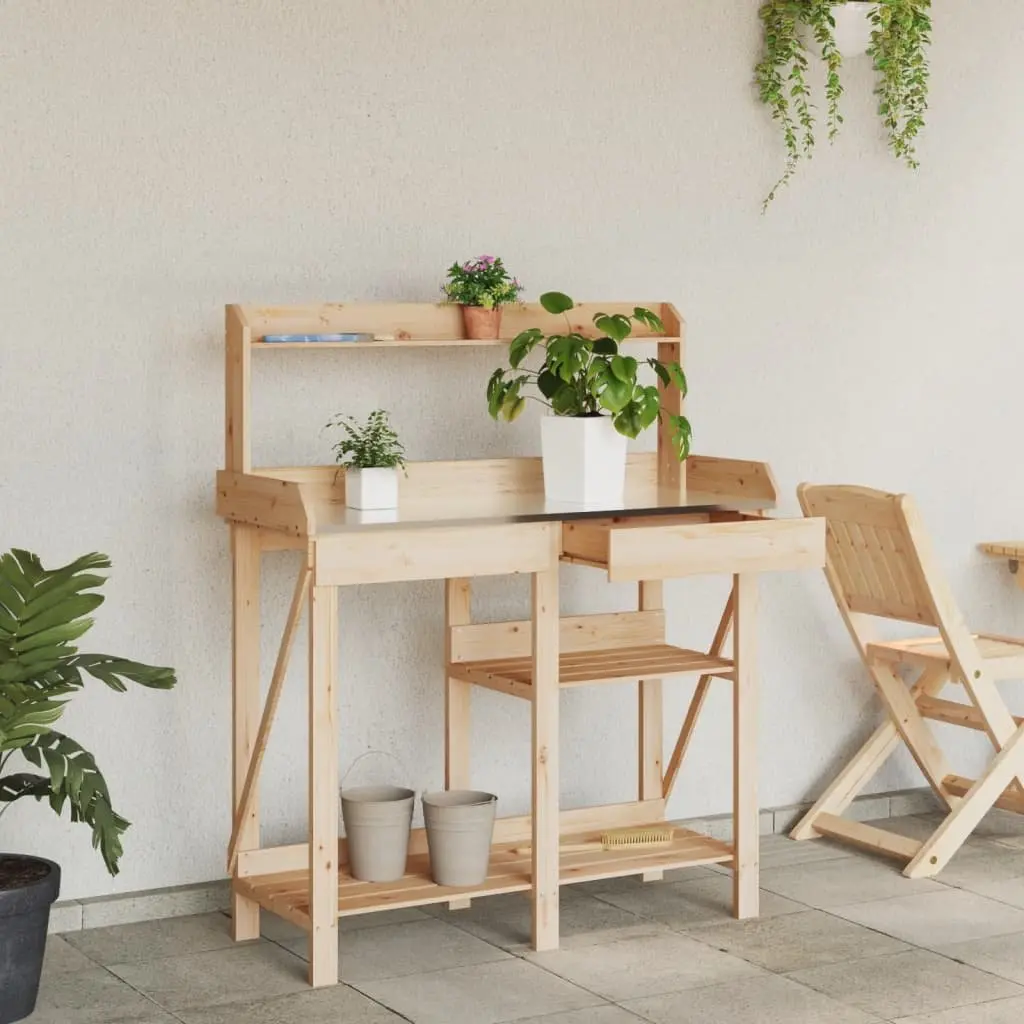 Potting Bench with Shelves and Drawer Solid Wood Garden Plant Stand Workbench