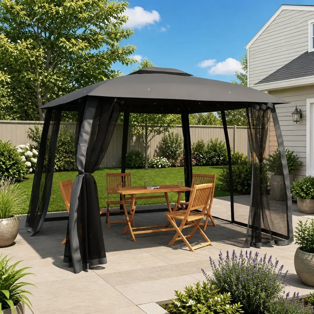 Gazebo Outdoor Canopy for Garden 2.93 x 2.93m Double Roof with Mesh Walls Anthracite Steel