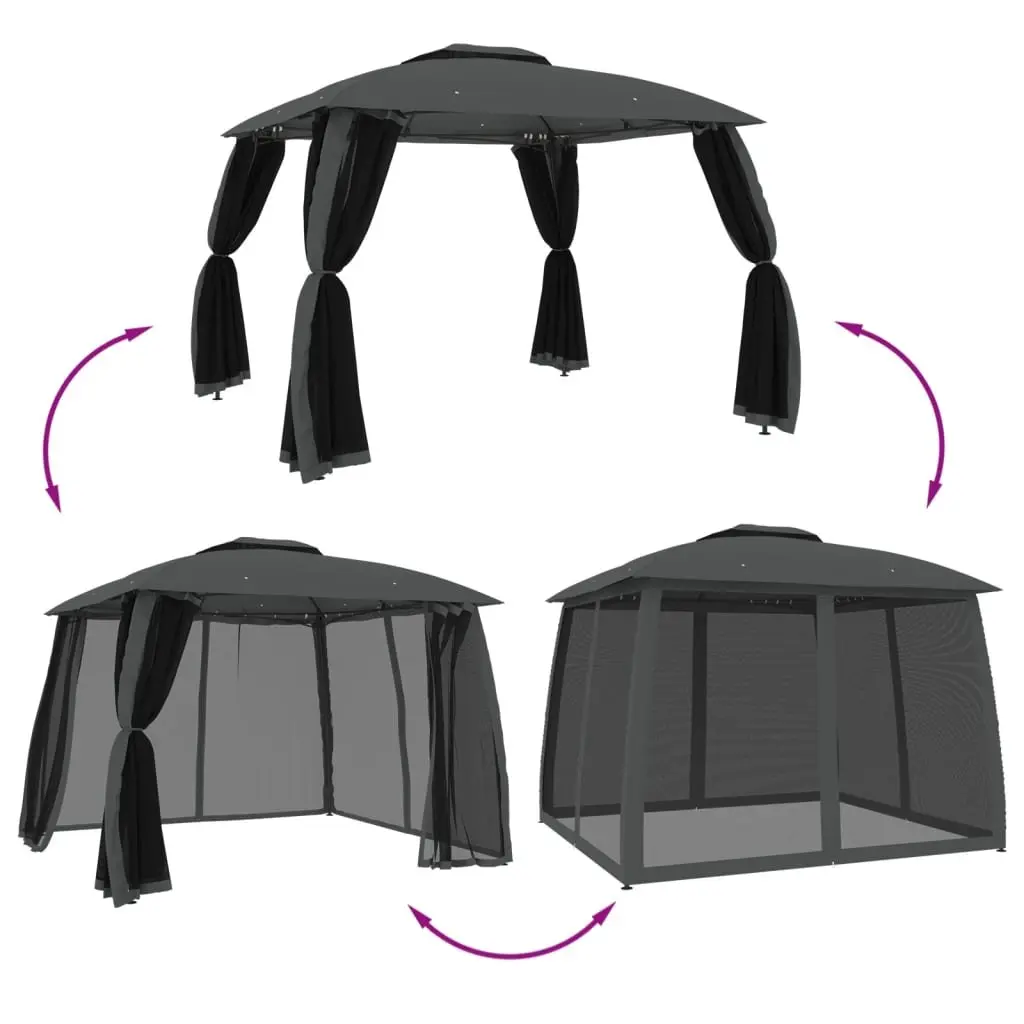 Gazebo Outdoor Canopy for Garden 2.93 x 2.93m Double Roof with Mesh Walls Anthracite Steel