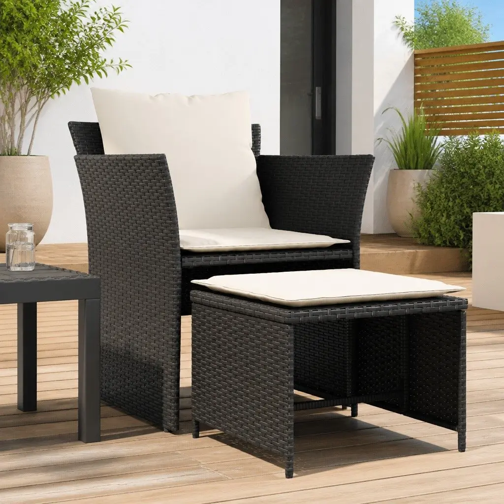 Garden Chair with Footstool Outdoor Patio Black Poly Rattan