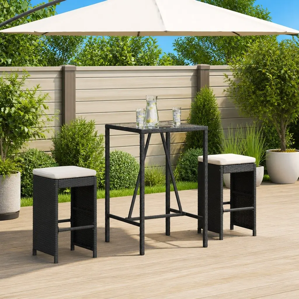 Outdoor Bar Stools 2 pcs Black Poly Rattan Garden Seating Cushioned Chairs Set