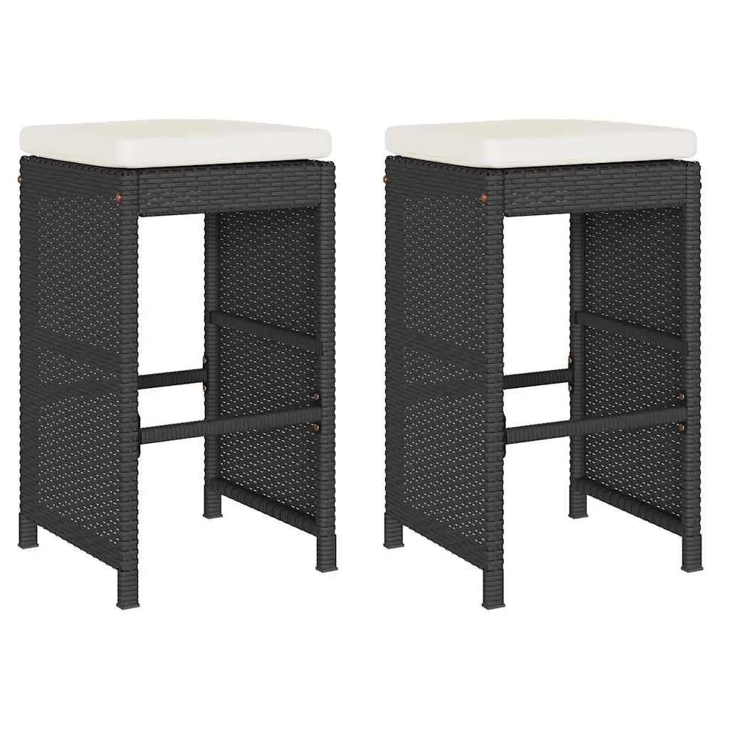 Outdoor Bar Stools 2 pcs Black Poly Rattan Garden Seating Cushioned Chairs Set