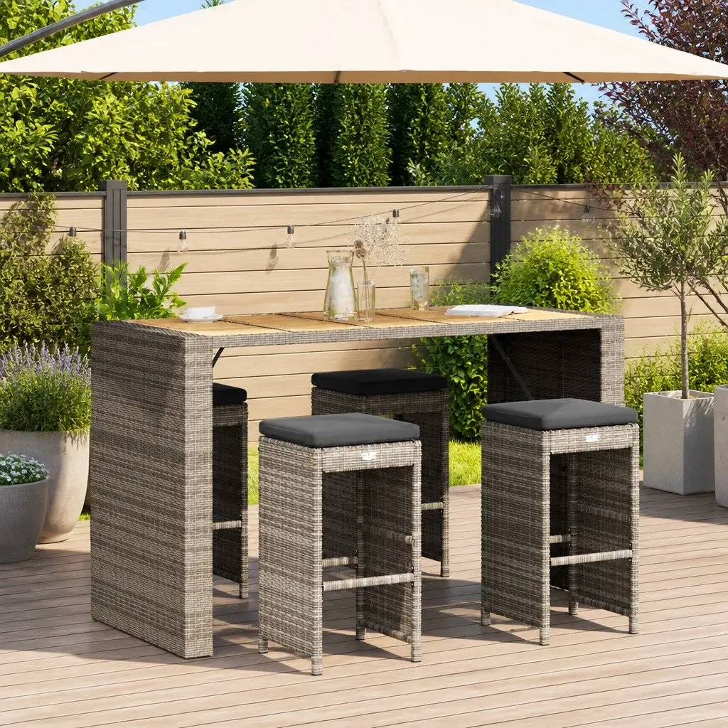 Garden Bar Stools Set 4 Piece Outdoor Seating Grey Poly Rattan with Cushions