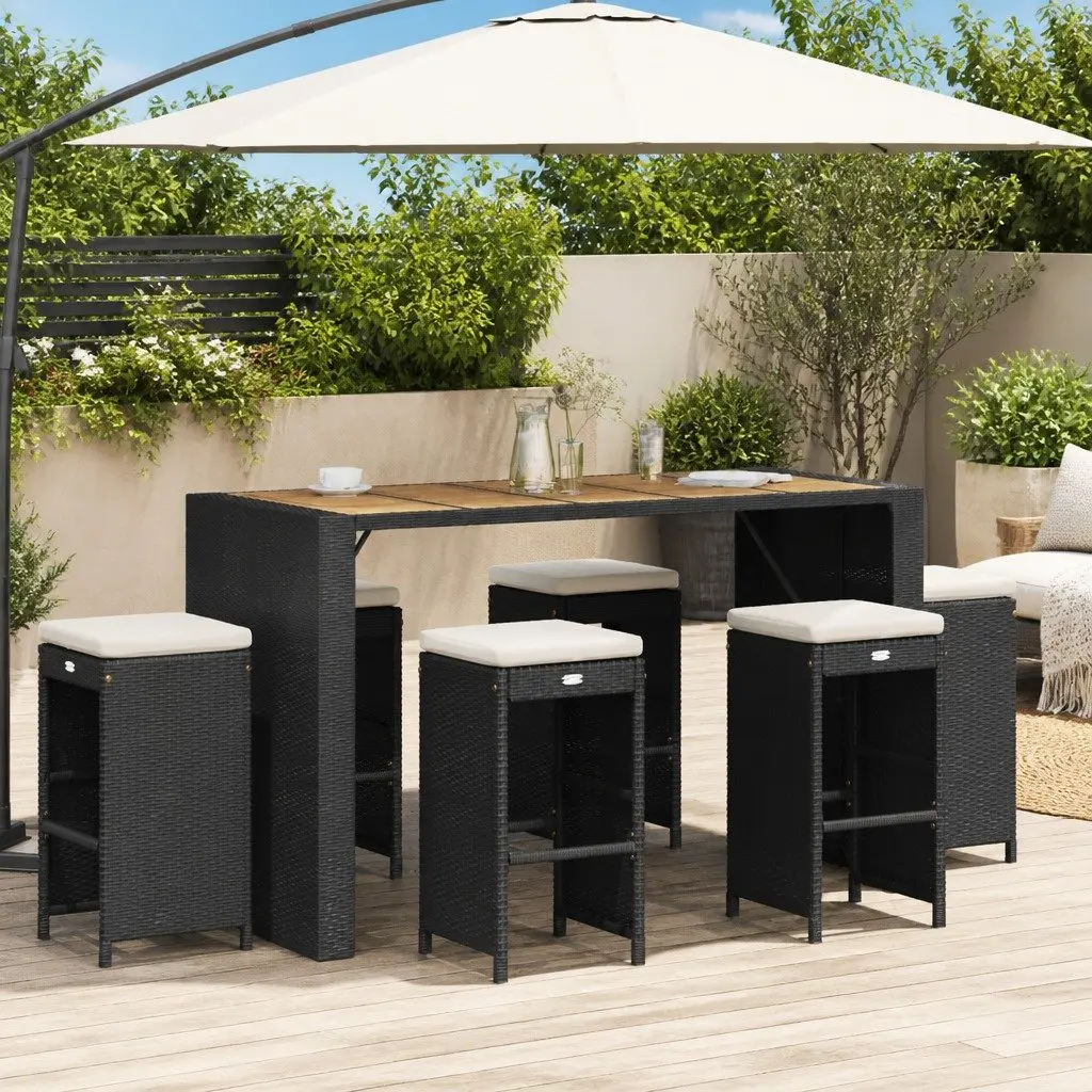 Outdoor Bar Stools Set of 6 Garden Seating with Cushions Black Rattan Chairs