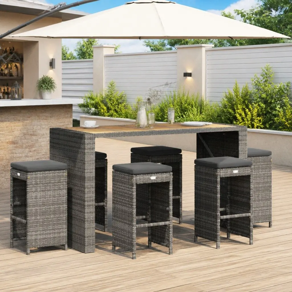 Outdoor Bar Stools Set 6 Piece Garden Seating Cushioned Chairs Poly Rattan Grey