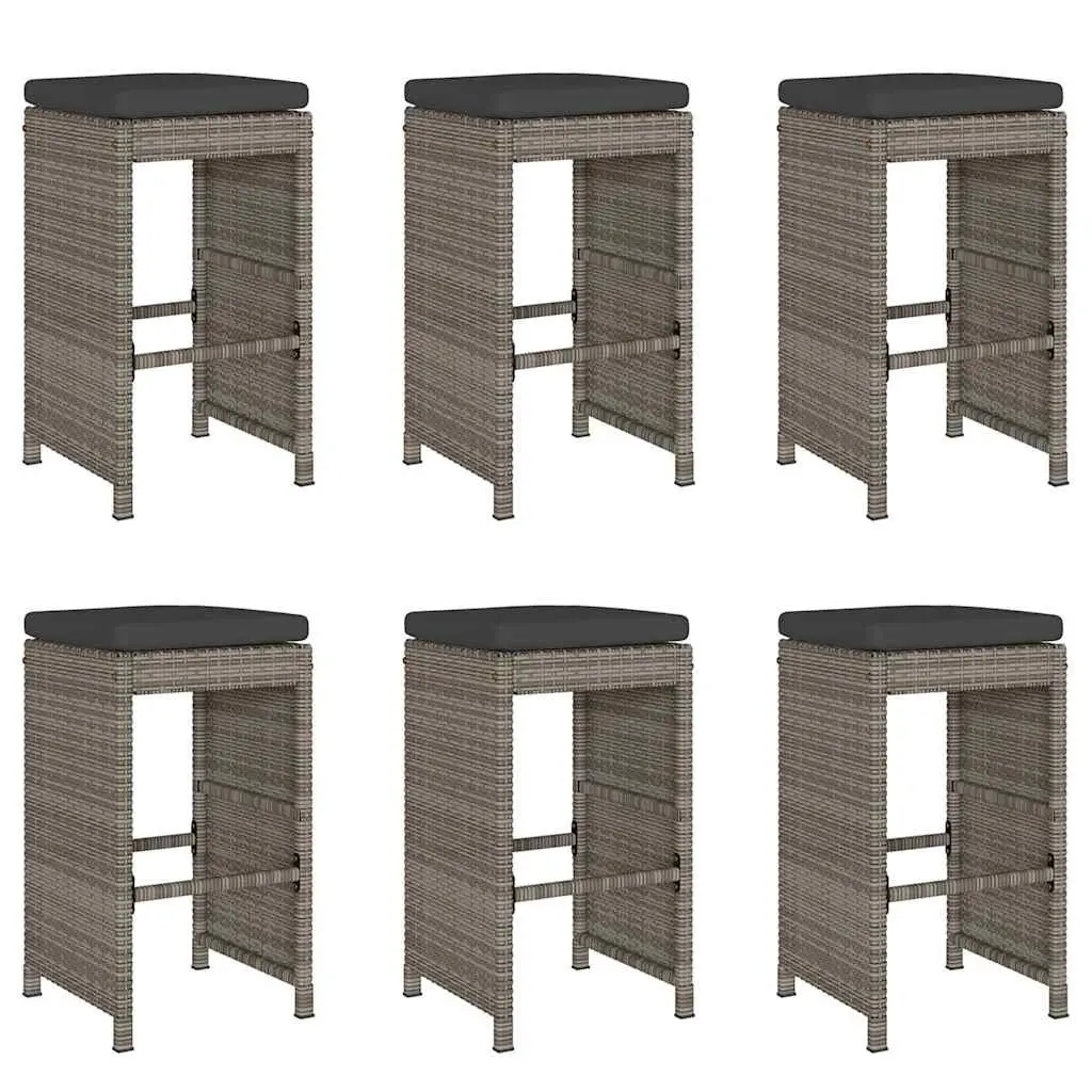 Outdoor Bar Stools Set 6 Piece Garden Seating Cushioned Chairs Poly Rattan Grey