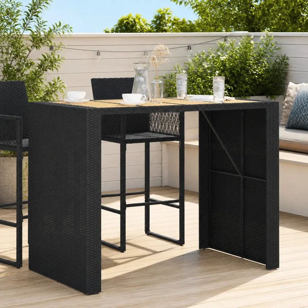 Outdoor Bar Table Garden Patio Furniture Poly Rattan Frame Acacia Wood Top Black 145 x 80 x 110 cm