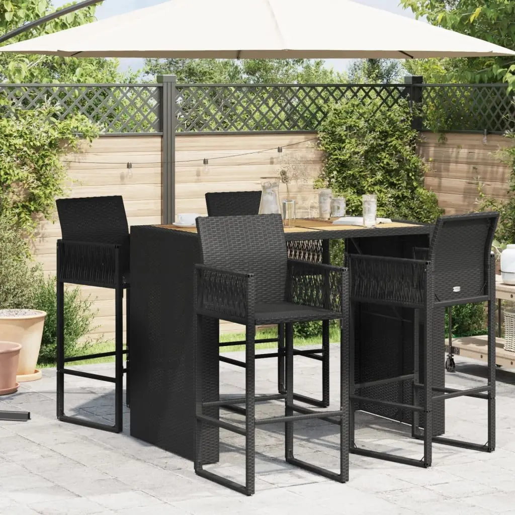 Outdoor Bar Table Garden Patio Furniture Poly Rattan Frame Acacia Wood Top Black 145 x 80 x 110 cm