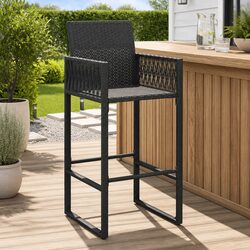 Outdoor Bar Stools Set of 2 Garden Seating Poly Rattan Black Armrest Backrest