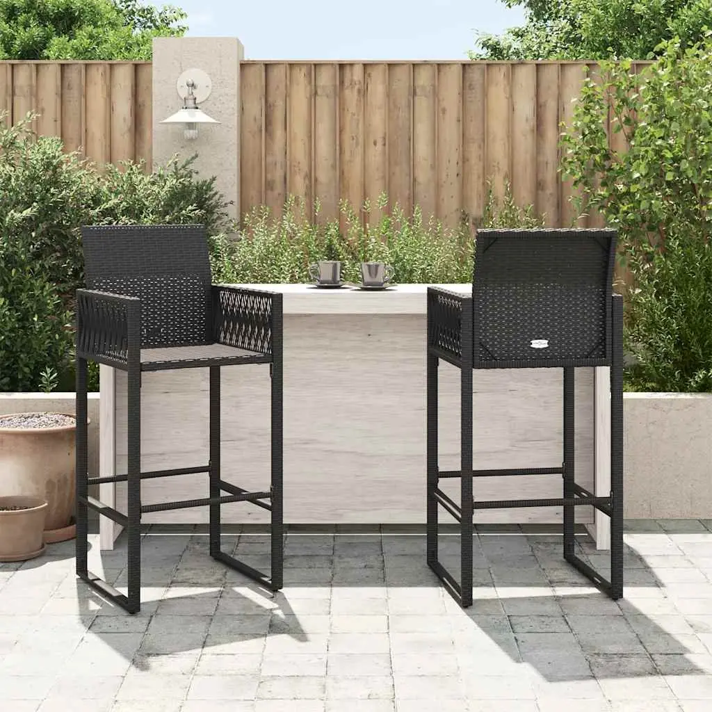 Outdoor Bar Stools Set of 2 Garden Seating Poly Rattan Black Armrest Backrest