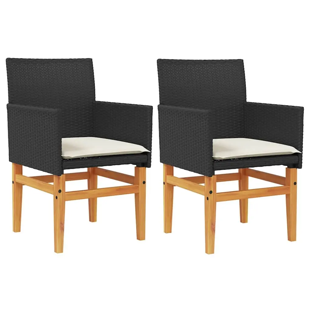 Garden Chairs with Cushions 2 Piece Set Outdoor Seating Black Poly Rattan Wood