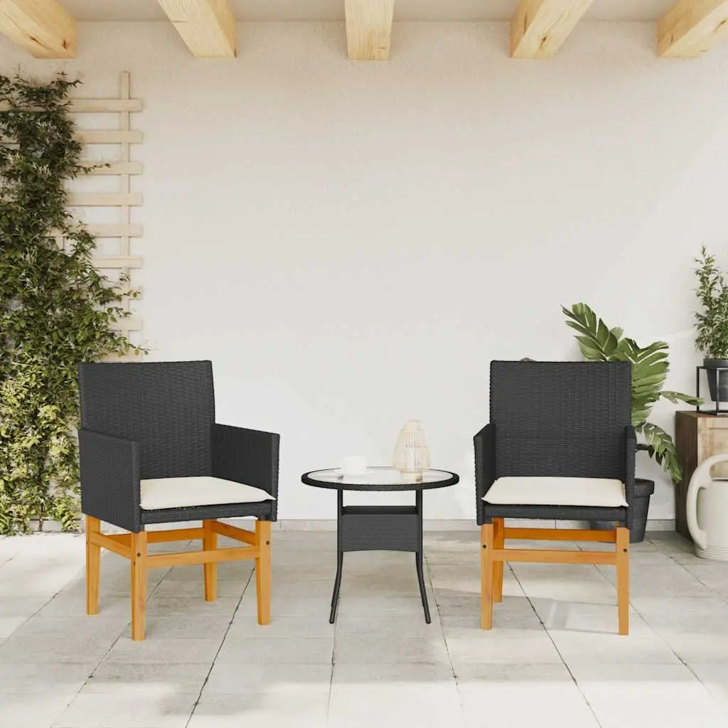 Garden Chairs with Cushions 2 Piece Set Outdoor Seating Black Poly Rattan Wood