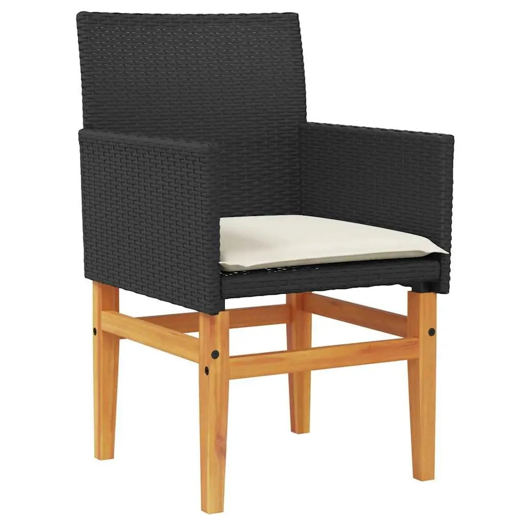Garden Chairs with Cushions 2 Piece Set Outdoor Seating Black Poly Rattan Wood