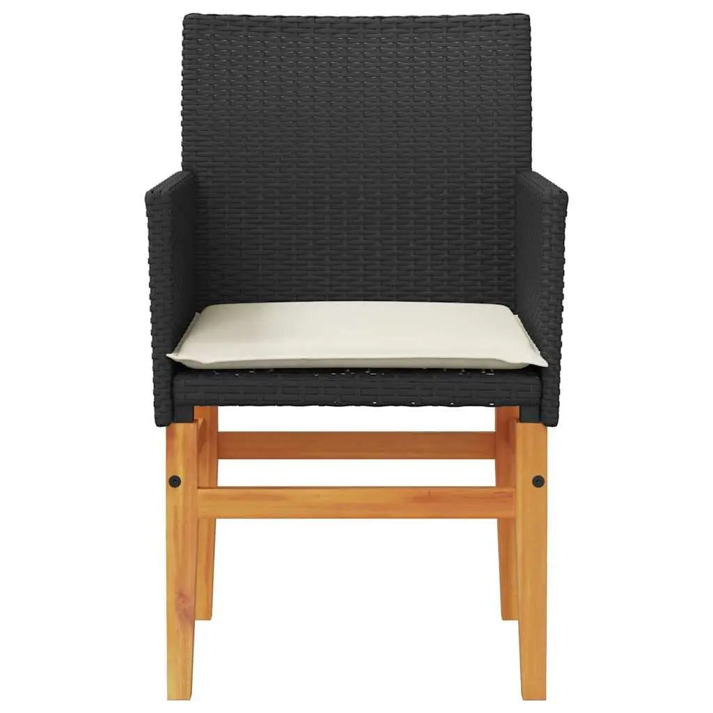 Garden Chairs with Cushions 2 Piece Set Outdoor Seating Black Poly Rattan Wood