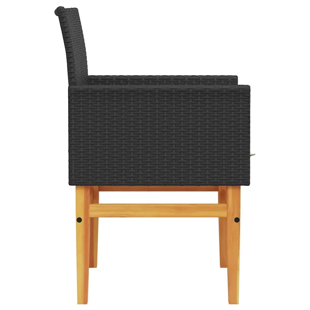 Garden Chairs with Cushions 2 Piece Set Outdoor Seating Black Poly Rattan Wood