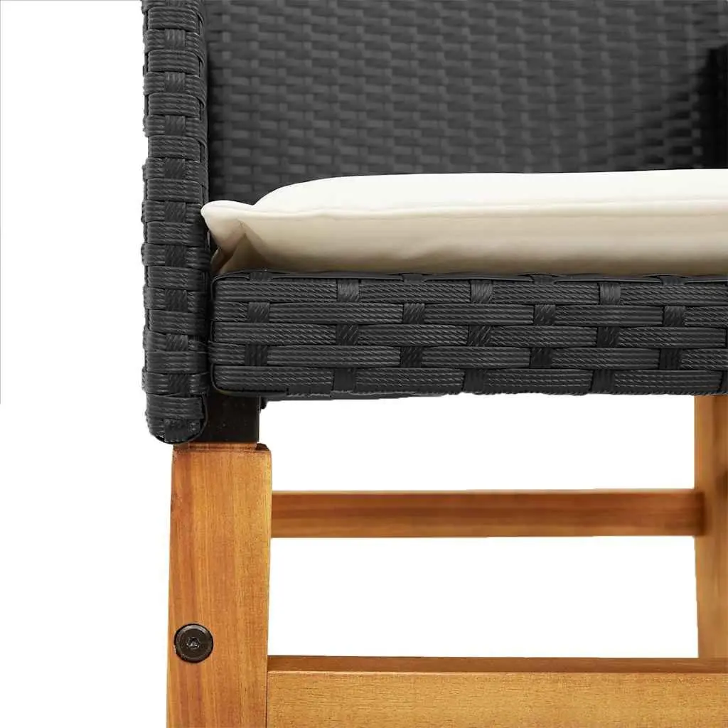 Garden Chairs with Cushions 2 Piece Set Outdoor Seating Black Poly Rattan Wood