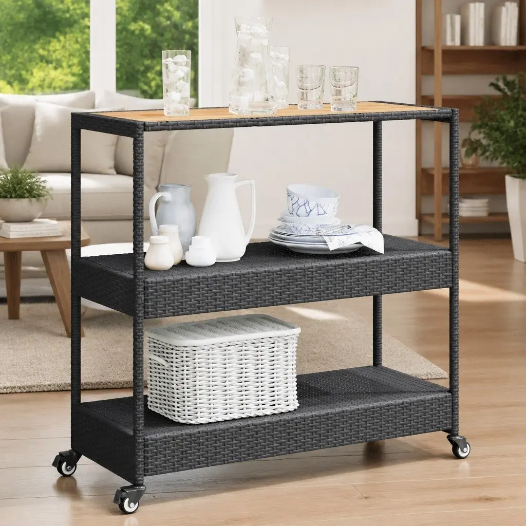 Bar Cart for Kitchen Dining Room Living Room Garden Patio Poolside 3-Tier Poly Rattan Wooden Top Storage Drinks Serving