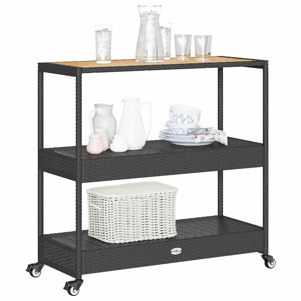 Bar Cart for Kitchen Dining Room Living Room Garden Patio Poolside 3-Tier Poly Rattan Wooden Top Storage Drinks Serving