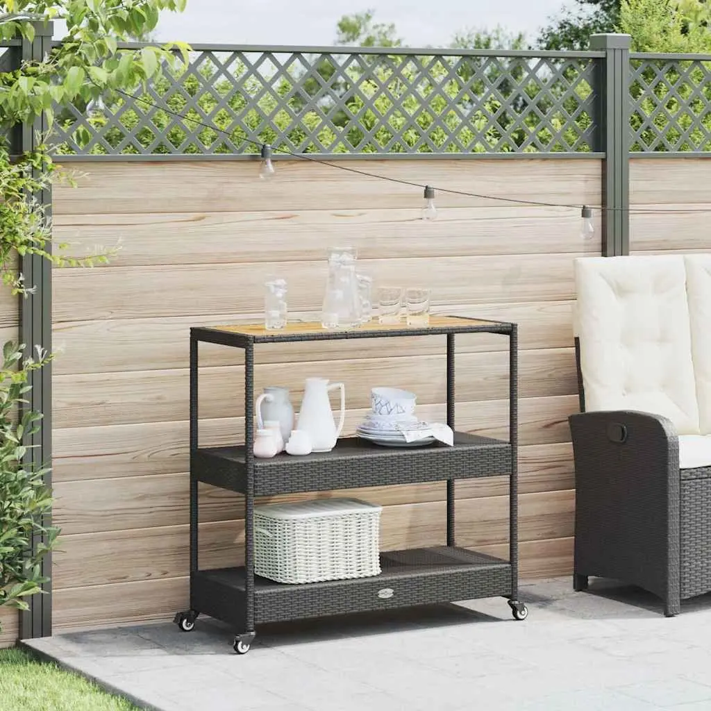 Bar Cart for Kitchen Dining Room Living Room Garden Patio Poolside 3-Tier Poly Rattan Wooden Top Storage Drinks Serving