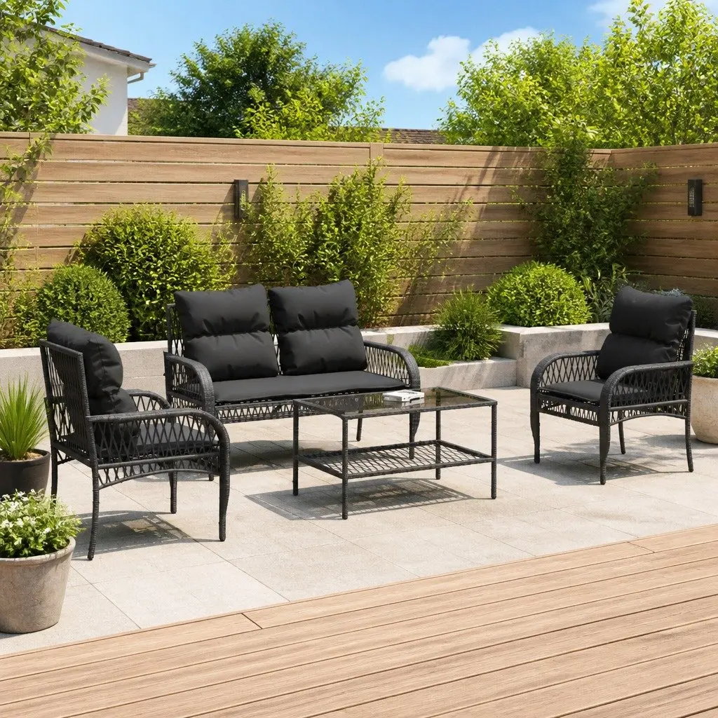 4 Piece Outdoor Garden Sofa Set for Patio Black Poly Rattan with Cushions and Glass Table Top