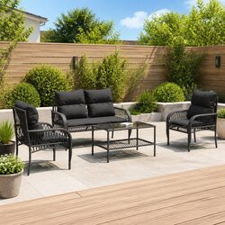 4 Piece Garden Sofa Set: Black Poly Rattan, Cushions Included