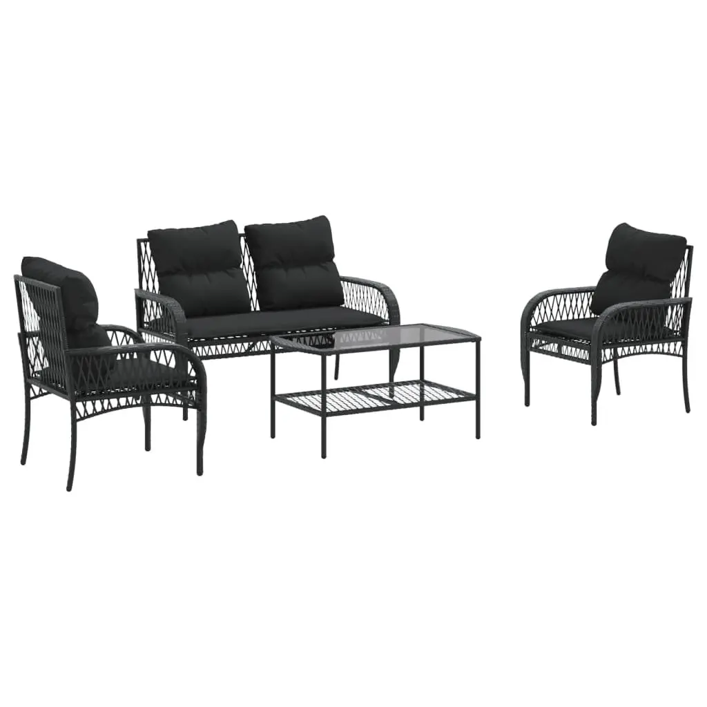 4 Piece Outdoor Garden Sofa Set for Patio Black Poly Rattan with Cushions and Glass Table Top
