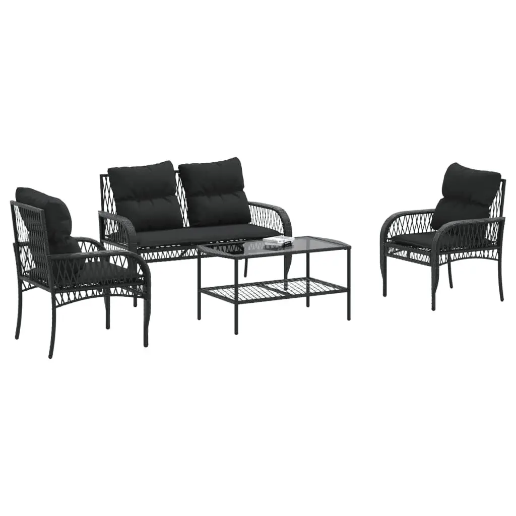 4 Piece Outdoor Garden Sofa Set for Patio Black Poly Rattan with Cushions and Glass Table Top