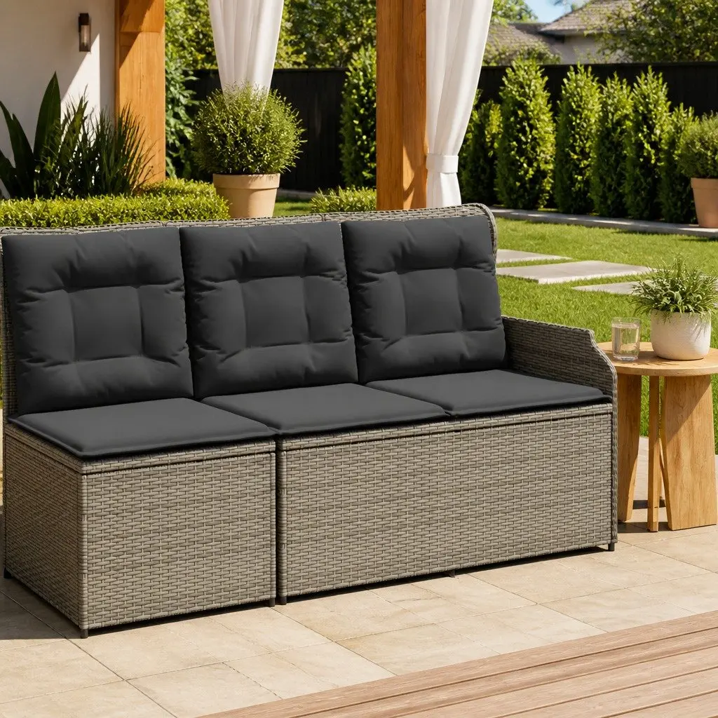 Reclining Garden Bench Outdoor Seating Adjustable Backrest Cushions Grey