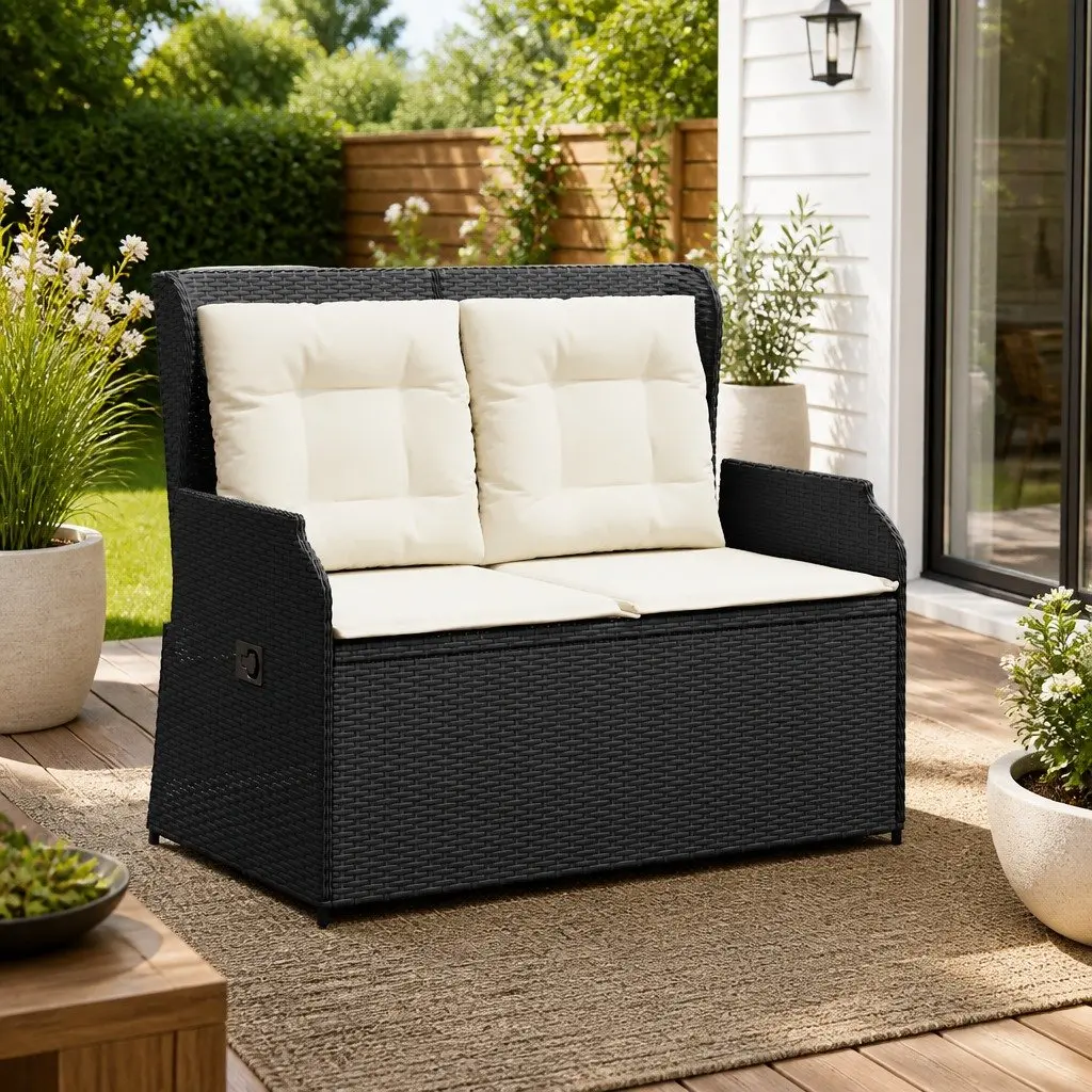 Reclining Garden Bench Adjustable Backrest Outdoor Seating Cushions Black